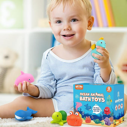 LotFancy Bath Toy, 8PCS Mold Free Bath Toys for Kids Ages 1-3, No Holes Baby Bath Toys for Toddlers 2-4, Ocean Sea Animal Bathtub Toys, Soft Floating Pool Water Table Toys