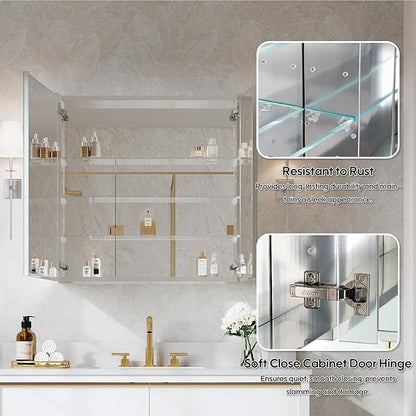 WELLFOR 30" x 30" Bathroom Medicine Cabinet, Anodized Chrome Aluminum Frame, Medicine Cabinet with Adjustable Glass Shelves, Bathroom Mirrored Cabinet, Surface or Recessed Mount, Double Doors