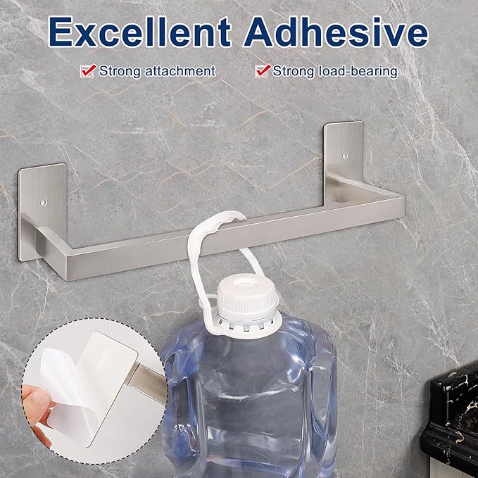 NearMoon Self Adhesive Bathroom Towel Bar, Stainless Steel Square Bath Wall Shelf Rack Hanging Towel Stick On Sticky Hanger Contemporary Style, Towel Rack Wall Mounted (16 Inch, Brushed Nickel)