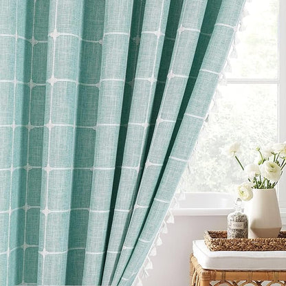 MitoVilla Teal Blue 72 x 78 Farmhouse Shower Curtain, Turquoise Boho 78 inch Long Polyester Linen Tassel Fabric Shower Curtain Set for Chic Cottagecore French Rustic Bathroom Decor