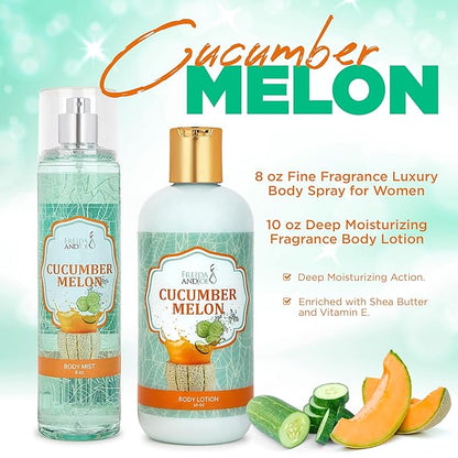 Home Spa Gift 10oz Deep Moisturizing Fragrance Body Lotion & 8 oz. Fine Fragrance Body Mist Set Luxury Self-Care Combo for Women and Girls (Cucumber Melon)