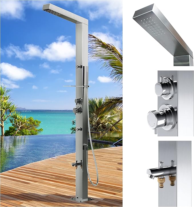 RENO 316 Marine Grade Brushed Stainless Steel Massage Outdoor Shower Panel Swimming Pool Backyard Bathroom Hot & Cold Rainfall Hand Held Wall Mounted or Free Standing Outside Shower
