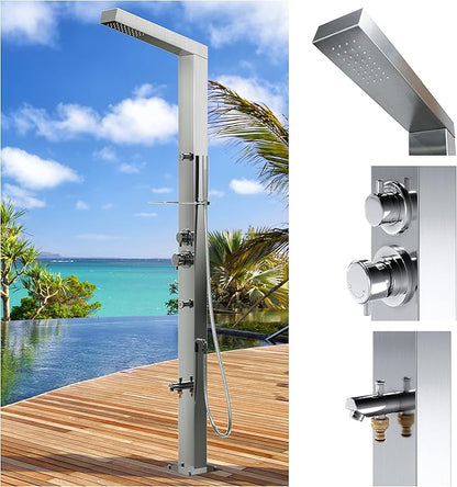RENO 316 Marine Grade Brushed Stainless Steel Massage Outdoor Shower Panel Swimming Pool Backyard Bathroom Hot & Cold Rainfall Hand Held Wall Mounted or Free Standing Outside Shower