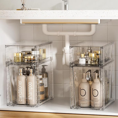 Vtopmart 2 Pack Clear Stackable Storage Drawers,9.7" High Plastic Organizers Bins for Skincare, Bathroom Supplies,Ideal for Cabinet,Undersink,Vanity,Kitchen,Pantry Organization