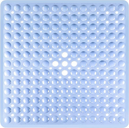 Square Shower Bathtub Mat Non Slip for Inside Shower Light Blue 21x21 Inch, Shower Stall Mats for Bathroom Floor, Soft Bath Mat for Tub with Big Suction Cups Drain Holes, Easy Washable Dry