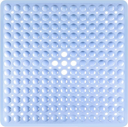 Square Shower Bathtub Mat Non Slip for Inside Shower Light Blue 21x21 Inch, Shower Stall Mats for Bathroom Floor, Soft Bath Mat for Tub with Big Suction Cups Drain Holes, Easy Washable Dry