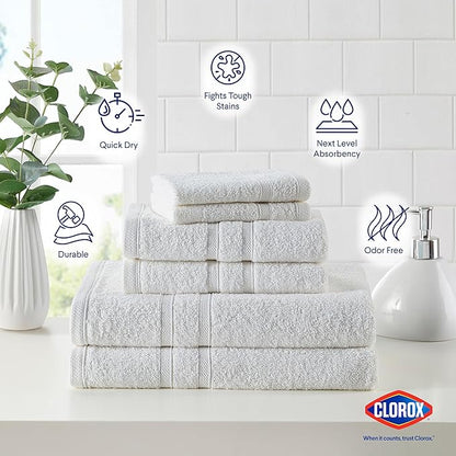 Clorox Bleach Friendly Towel Set, Quick Dry 100% Cotton Highly Absorbent Lightweight, 2 Bath, 2 Hand, 2 Washcloth Towels Ideal for Everyday Use (6 Pack, White)