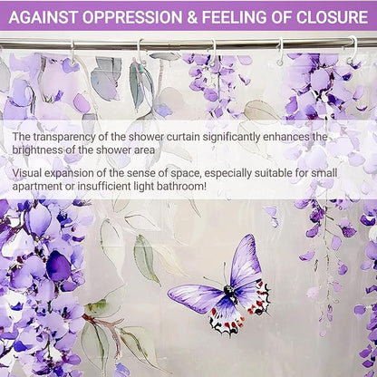 Clear Purple Floral Lavender Butterfly Shower Curtain, Plastic Transparent Cute Pretty Flower Decorative Aesthetic Shower Curtains for Bathroom, 72x72 Weighted Magnetic Shower Curtain Liner with Hooks