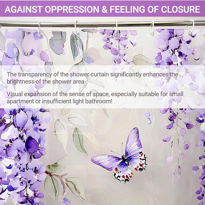 Clear Purple Floral Lavender Butterfly Shower Curtain, Plastic Transparent Cute Pretty Flower Decorative Aesthetic Shower Curtains for Bathroom, 72x78 Weighted Magnetic Shower Curtain Liner with Hooks