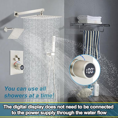 Digital Display Dual Head Shower system Rain Shower System Shower Wall Mount 10 Inch Ceiling Shower Head with 6 Inch Shower Head with shower handheld(Brushed Nickel)