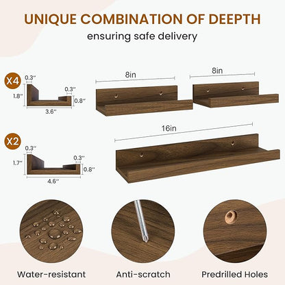 Axeman Picture Ledge Shelf, Floating Shelves for Wall Decor Storage Set of 6, 16 inch Floating Wall Mounted Shelves, Shelves with Lip for Living Room, Bedroom, Nursery, Bathroom, Kitchen, Walnut