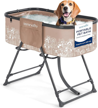SereneLife Foldable Dog Bath Tub with Adjustable Height, 360° Access, Drain Hose & Storage Pockets – 130 lb Capacity Grooming Station for Indoor/Outdoor Use, Beige
