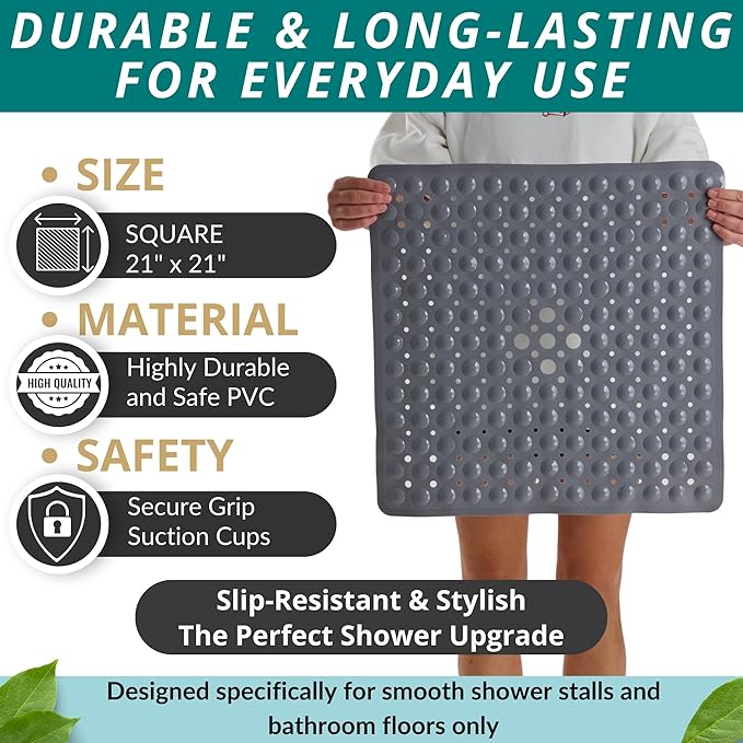 ENKOSI 21 x 21 inch Square Non-Slip Shower Mat – Anti-Slip Shower Mats for Inside Shower – Secure Grip for Shower Stall Floors – Quick-Dry with Drain Holes (21x21 Grey)