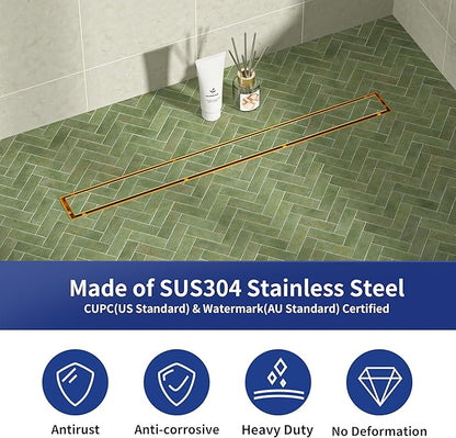 Linear Shower Drain 30", Brushed Gold Floor Drain with Tiled Insert Grate & Hair Strainer, 304 Stainless Steel Bathroom 2-in-1 Tiled in Drain, CUPC Certified (Brushed Gold, 30'')