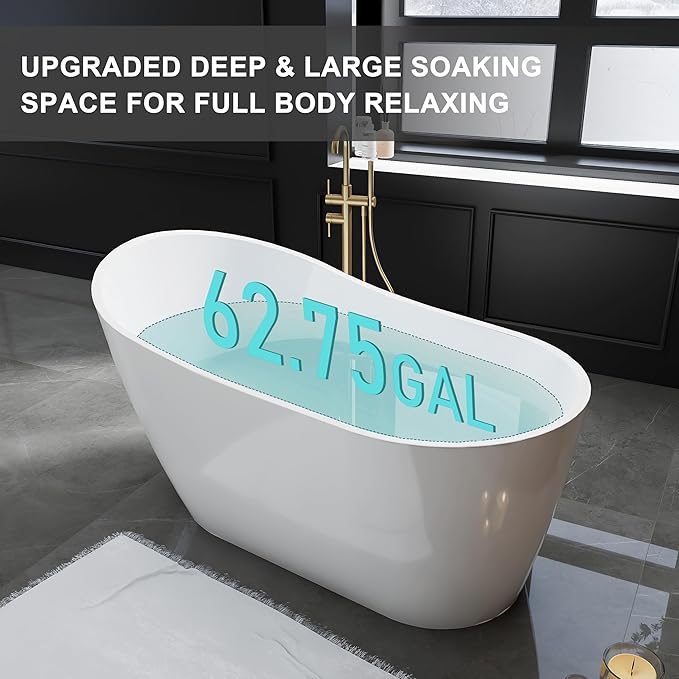 59" High-back Acrylic Freestanding Bathtubs, Stand Alone Tub, Soaking Tubs for Bathroom, Integrated Overflow and Drain, cUPC Certified, Gloss White