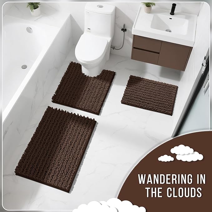 Yimobra Bathroom Rugs Non Slip Washable 32x20 Inch - Ultra Soft Absorbent Chenille Bath Mat, Quick Dry Shaggy Floor Carpet for Tub Shower, Brown Home Decor Accessories