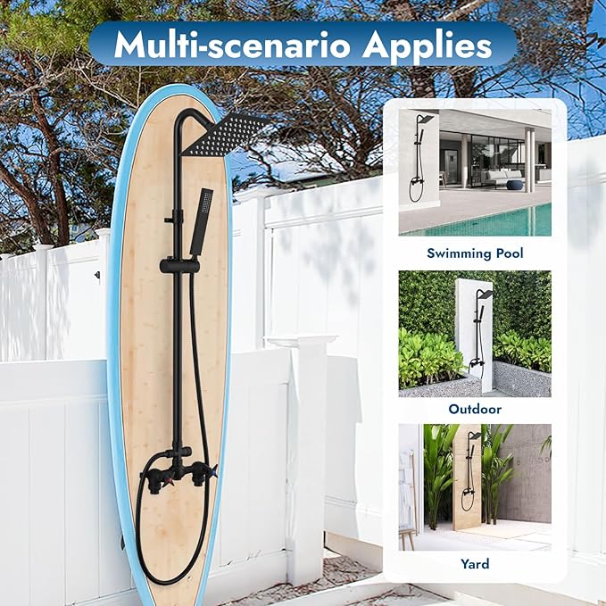 Wall Mounted Outdoor Shower System Matte Black 6" Square Rainfall Shower head with Hand Held Spray Double Cross Handles with Adjustable Slide Bar Two Function Exposed Shower Kit