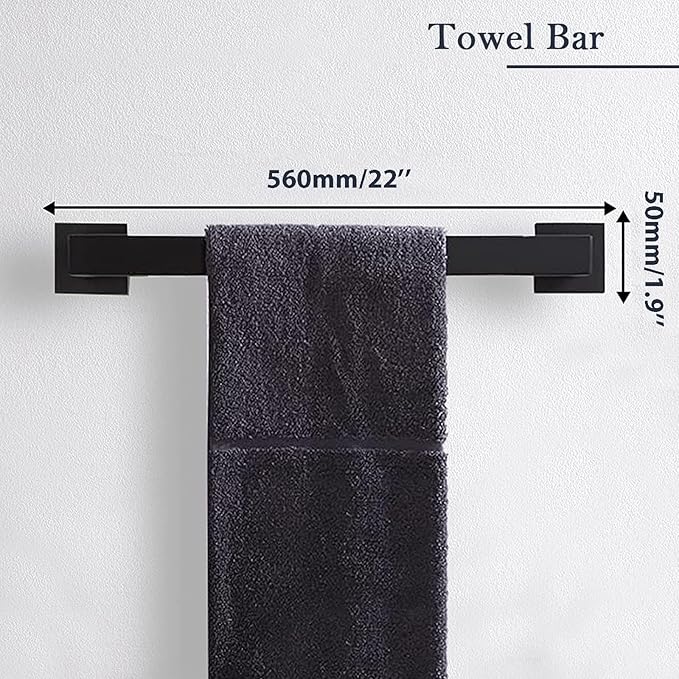 Matte Black Bathroom Accessories Set, 22.2 Inch Bath Towel Bar Set, Stainless Steel Bathroom Hardware Set, Towel Racks for Bathroom Wall Mounted