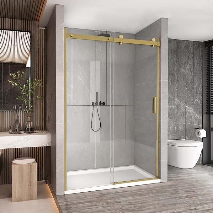 Sunrosa Semi-Frameless Glass Shower Door, 47 2/8" -48" W x 76" H Single Sliding Shower Door, Shower Door with Tempered Glass 5/16"(8mm), Brushed Gold