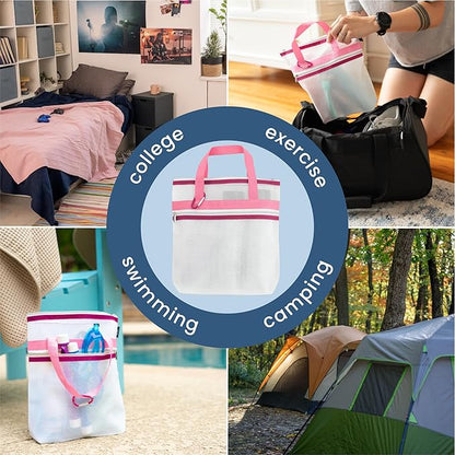 S&T INC. Mesh Shower Caddy, Shower Bag for Dorm Room Essentials, Gym Bag, Camping and More, Two Zippered Pockets, White and Pink, 10 Inches x 10 Inches