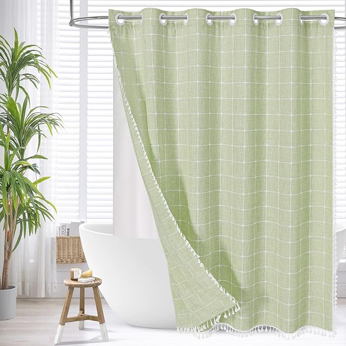 MitoVilla No Hooks Needed Boho Farmhouse Shower Curtain with Snap-in Liner, Cotton Linen Fabric Shower Curtains with Tassels for Rustic Neutral Bathroom Decor, Sage Green, 72 x 74