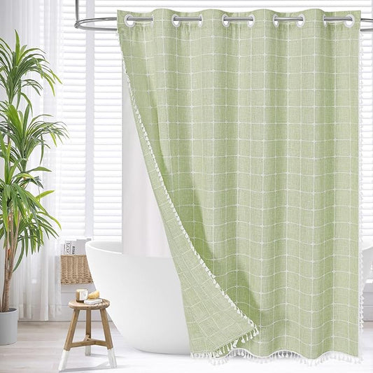 MitoVilla No Hooks Needed Boho Farmhouse Shower Curtain with Snap-in Liner, Cotton Linen Fabric Shower Curtains with Tassels for Rustic Neutral Bathroom Decor, Sage Green, 72 x 74