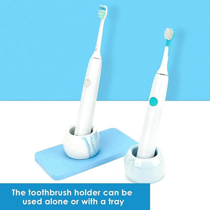 2 Pack Ceramic Toothbrush Holder with Diatomite Toothbrush Tray for Bathroom Shower Countertop Storage Organizer, Small Toothpaste Razor Electric Tooth Brush Head Stand (Blue)