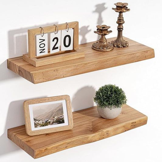 Floating Shelves for Wall Decor, Rustic Solid Elm Wood Live Edge Floating Shelves Wall Mounted, Wall Shelves with Invisible Bracket for Living Room Bathroom Bedroom Kitchen, 20 Inch Set of 2, Natural