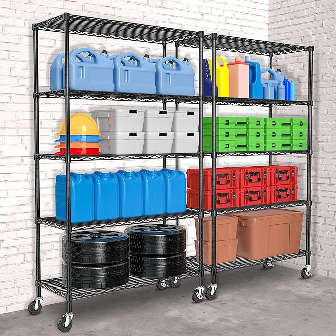 5 Tier Storage Shelves with Wheels Wire Rolling Garage Shelving Rack Organizer Heavy Duty Metal Unit Adjustable Utility Commercial Sturdy Shelves for Kitchen Garage Pantry Bathroom Closet Laundry