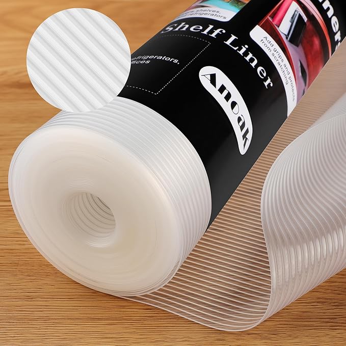 Anoak Shelf Liner Cabinet Liner, Non Adhesive Drawer Liner, Washable 17.5 Inch x 30 FT(360 Inch) Waterproof Durable Non-Slip Shelf Liner for Kitchen, Drawer, Refrigerator Stripe Clear