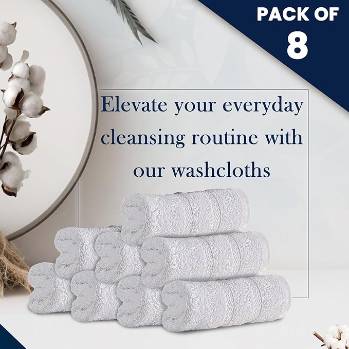 HALLEY Turkish 8 Pack Premium Washcloths (8 Pieces) 650 GSM Highly Absorbent Super Soft 100% Cotton - 8 Washcloths (White)