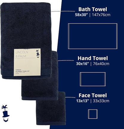 Lincoln & Palm 3 Piece Turkish Towels Set, Thick, Soft, Plush 700 GSM Spa & Hotel Quality, Silver Infused SILVERbac | Bath 58x30, Hand 30x16, Face Wash Cloth 13x13 (Navy, 3 Piece Towel Set)