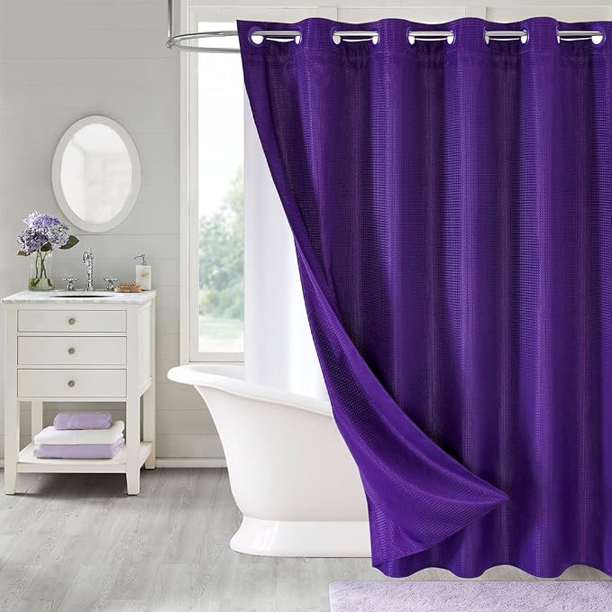MitoVilla Purple Waffle Long Shower Curtain Liner Set 72 x 80, No Hooks Required 80 inch Long Fabric Cloth Shower Curtain Set with Cloth Snap-in Liner for Modern Hotel Bathroom Decor, Lavender