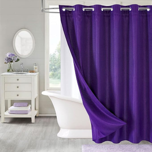 MitoVilla Purple Waffle Long Shower Curtain Liner Set 72 x 80, No Hooks Required 80 inch Long Fabric Cloth Shower Curtain Set with Cloth Snap-in Liner for Modern Hotel Bathroom Decor, Lavender