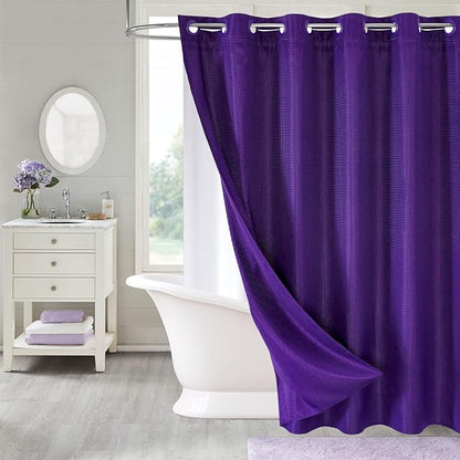 MitoVilla Extra Long Shower Curtain Liner Set, Purple 86 inch XL Waffle Fabric Shower Curtains with Snap-in Liner for Luxury Hotel Grade & Spa-Like Bathroom Decor, No Hooks Needed