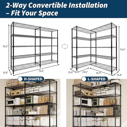 5-Tier Metal Storage Shelves, Adjustable Wire Shelving Unit for Garage, Pantry, Basement & Kitchen, Heavy-Duty Shelf Organizer with Double-Row Design, 70.8" w x 15.8" d x 70.5" h, 265 Lbs Per Tier