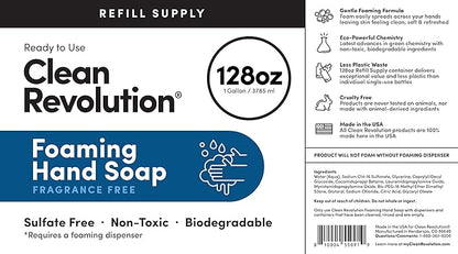Clean Revolution Foaming Hand Soap Refill Supply, Gentle, Moisturizing & Eco-Friendly, Ready to Use Formula, Gluten Free, Unscented, Fragrance Free, 128 Fl Oz
