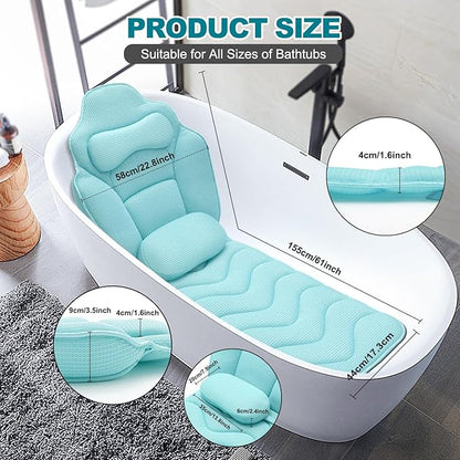Full Body Bath Pillow for Bathtub - Extra Long 61’’ Bath Pillows for Tub, Ergonomic 4D Air Mesh Tub Pillow with Head, Neck & Lumbar Support, Bathtub Pillow Spa Cushion with Non-Slip Suction Cups