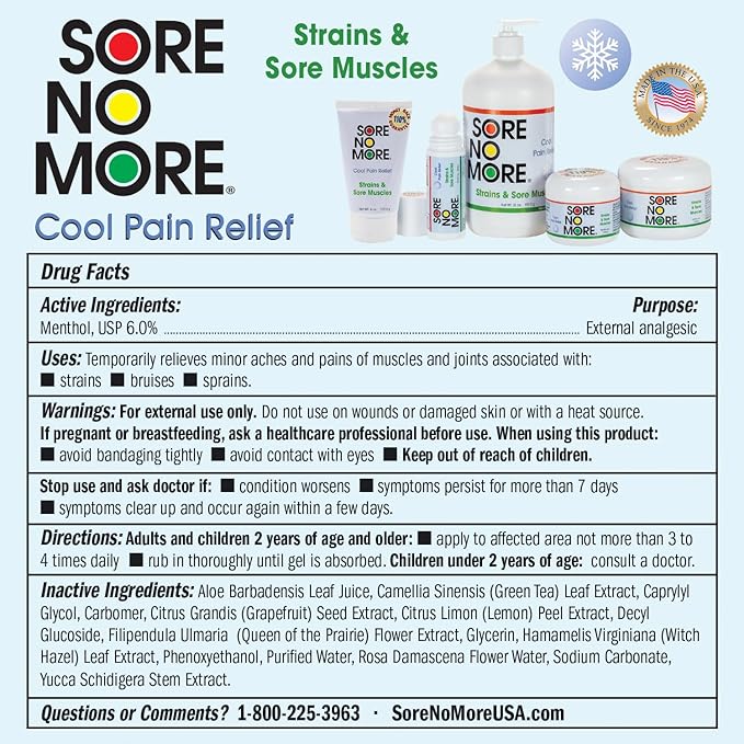 Sore No More Cool Relieving Gel for Aches & Pains in Muscles & Joints associated with Strains, Bruises & Sprains | Absorbs Quickly with a Refreshing Lemon Aroma | 4 oz Jar
