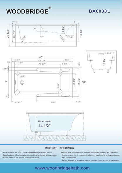 WOODBRIDGE 60" Acrylic Rectangular Alcove Soaking Bathtub in White with Left Drain, Brushed Nickel pop-UP Drain Included BA6030L