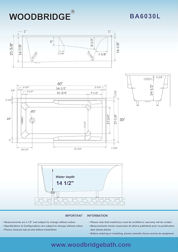 WOODBRIDGE 60" Acrylic Rectangular Alcove Soaking Bathtub in White with Left Drain, Oil Rubbed Bronze pop-UP Drain Included BA6030L
