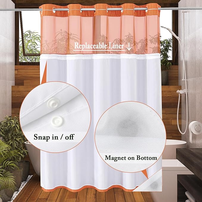 Gibelle Long Shower Curtain 72x80, Waffle Weave Bathroom Shower Curtain with Snap-in Fabric Liner Set, No Hooks Needed, Hotel Style with Mesh Top Window, Burnt Orange
