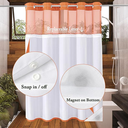 Gibelle Long Shower Curtain 72x80, Waffle Weave Bathroom Shower Curtain with Snap-in Fabric Liner Set, No Hooks Needed, Hotel Style with Mesh Top Window, Burnt Orange
