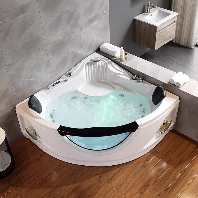 Empava 2 Person Whirlpool Bathtub,Corner Jetted Bathtub with Heater,Corner Jetted Tub with Light,Spa Bath tub with 10 Jets,Hydro Massage Tub with Chromatherapy,ETL Certified