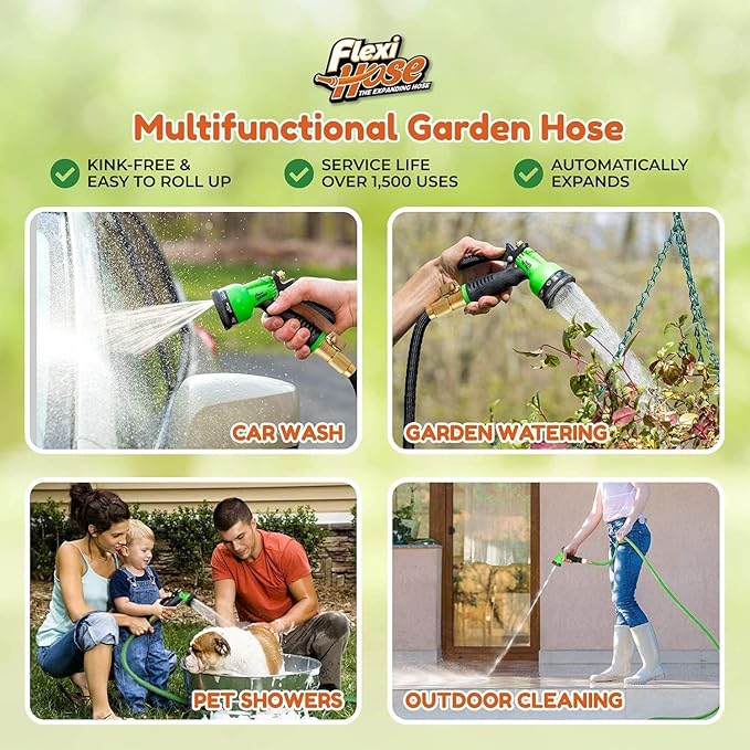 Flexi Hose PLUS with 8 Function Nozzle Expandable Garden Hose, Lightweight & No-Kink Flexible Garden Hose, 3/4 inch Solid Brass Fittings and Double Latex Core, 100 ft Black