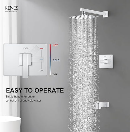 KENES Polished Chrome Tub and Shower Trim Kit, Tub Shower Faucet Set Complete with 10-Inch Rainfall Shower Head and Tub Spout, KE-6024A-5 (Shower Valve Included)