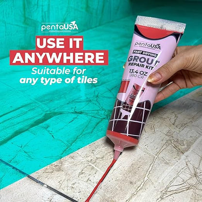 PentaUSA Tile Grout - Large Grout Filler Repairs Renews Tube, Fast Drying Grout Repair Kit, Odorless Formula - Grout Floater Included - 13.4oz / 380gr (Red)