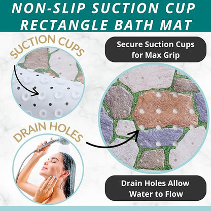 ENKOSI Bath Mat – Large 40 x 16 Inch Non-Slip Bathtub Mat with Secure Suction Cups & Drain Holes – Extra Long Bathroom Shower Mat for Tub with Stone Path Design (40x16 Stone Path)