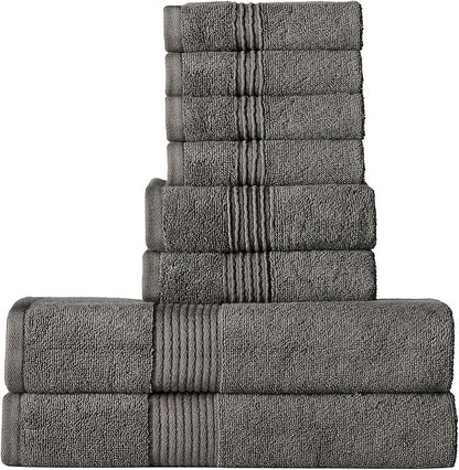 Bath Towels 8 Piece Towel Set – 100% Combed Cotton – Bath + Hand + Washcloths – Oeko-TEX Certified Soft & Absorbent Towels with Durable Double-Stitched Edges for Bathroom or Guest Spa, Gray