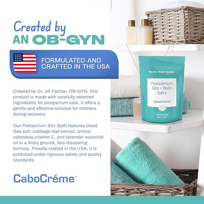CaboCréme Postpartum Sitz + Bath Salts – 24oz – Postpartum Bath Soak for Perineal Care, Healing Tears, Swelling & Hemorrhoids – Dead Sea Salt with Magnesium – OB-GYN Created Recovery Essential